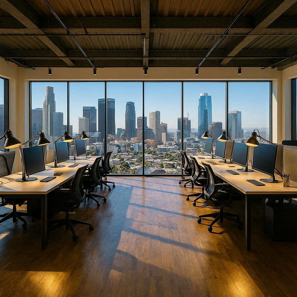Modern open-plan office workspace with city skyline view